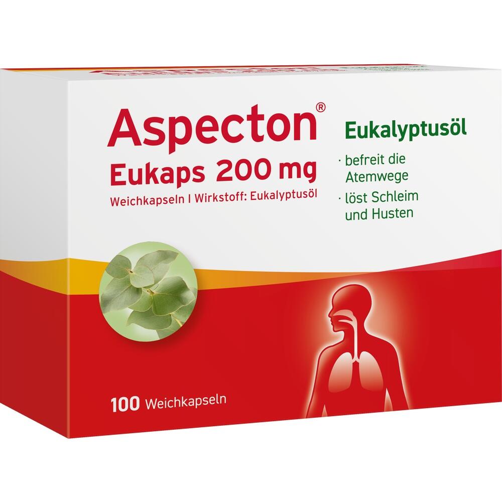 Eine Packung Aspecton Eukaps 200 mg Kapseln mit Eukalyptusöl zur Linderung von Husten.