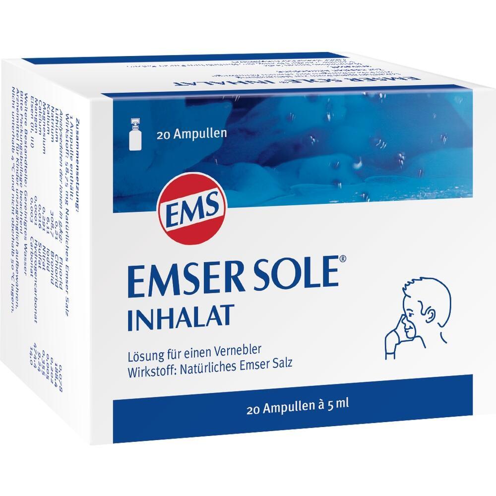 Wei&szlig;e Verpackung von Emser Sole Inhalat mit 20 Ampullen &agrave; 5 ml.