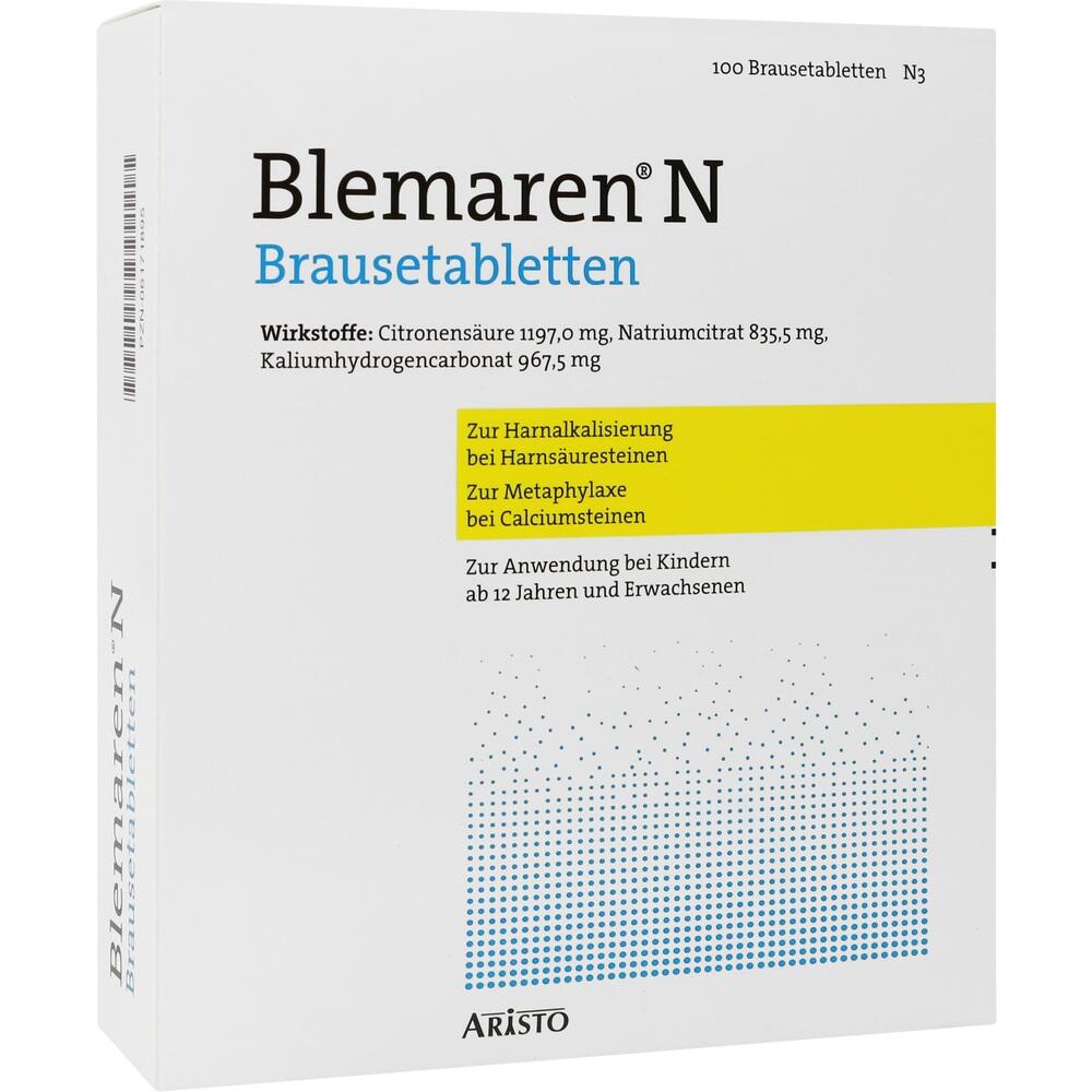 Wei&szlig;e Verpackung von "Blemaren N" Brausetabletten zur Behandlung von Harnsteinen.