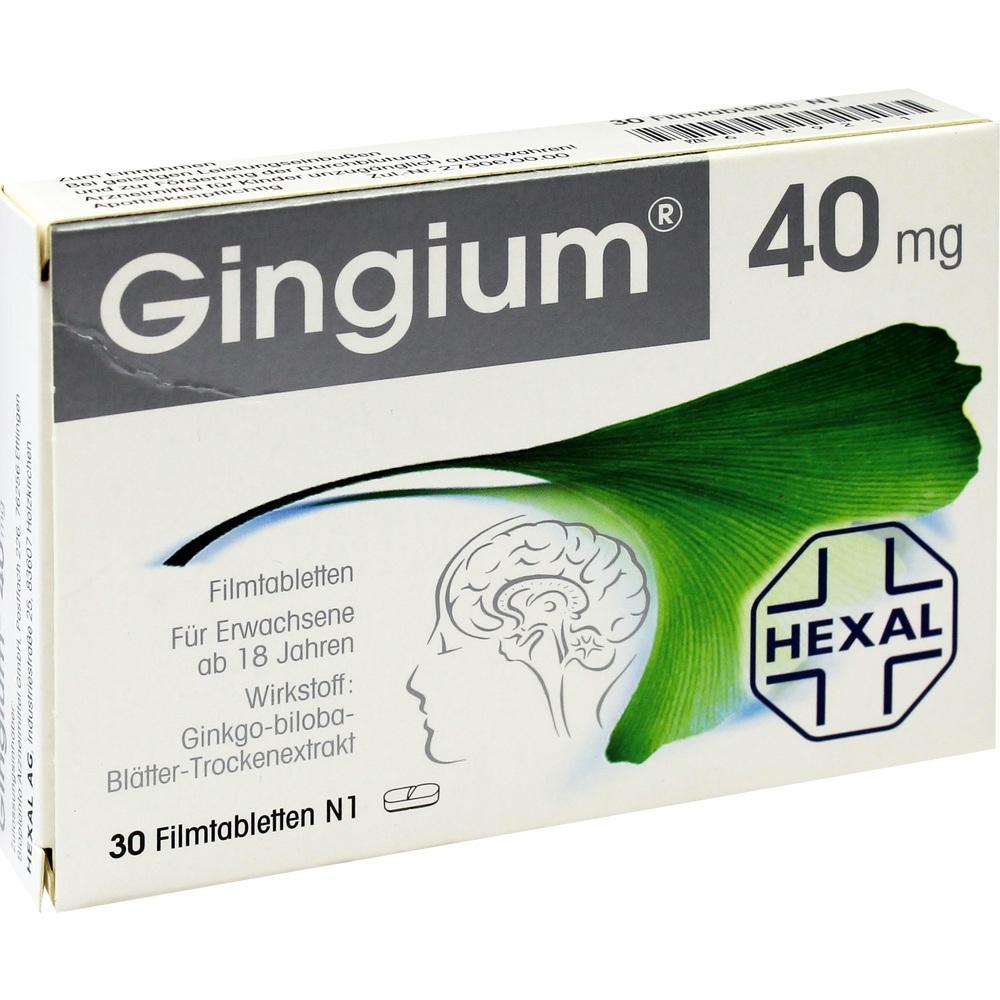 Schachtel von Gingium 40 mg Tabletten mit Ginkgo-Blatt und Hexal-Logo.