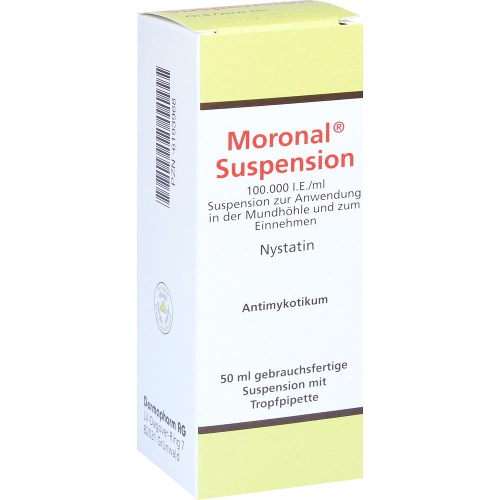Gelbe und wei&szlig;e Arzneimittelverpackung mit Aufschrift "Moronal Suspension".