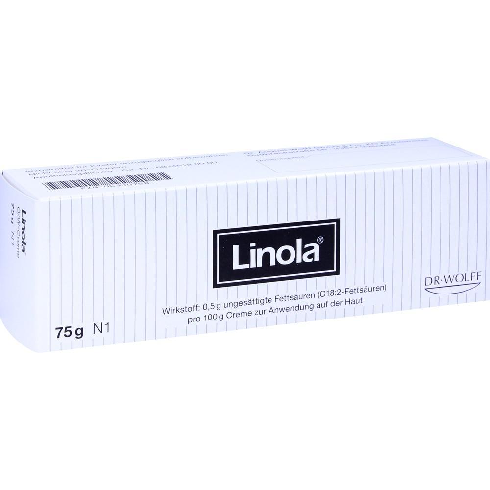 Wei&szlig;e Linola-Creme-Schachtel f&uuml;r die Hautpflege, 75 Gramm.