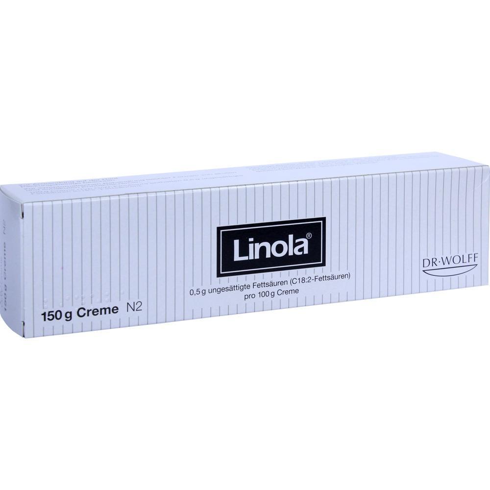 Eine wei&szlig;e Creme-Packung mit dem Namen "Linola" auf der Vorderseite.