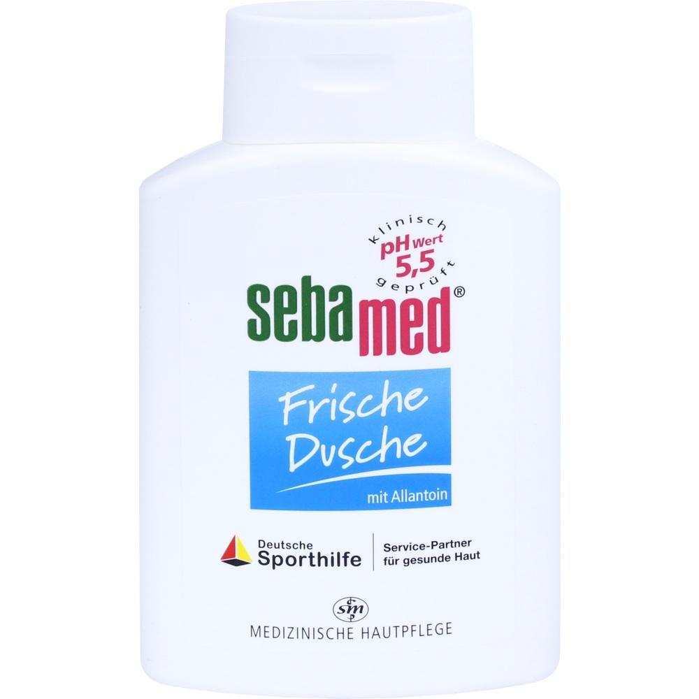 Eine wei&szlig;e Flasche Sebamed-Duschgel mit blauer Aufschrift.