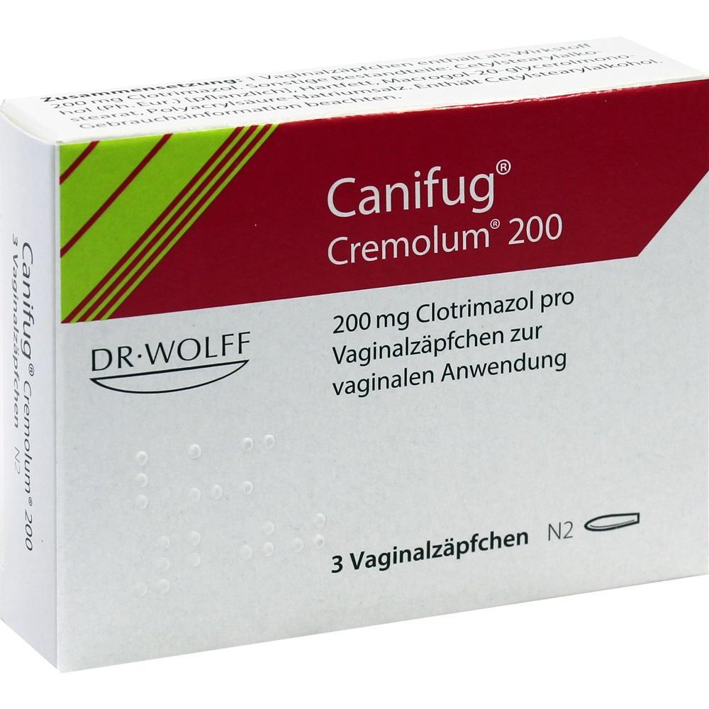 Eine Packung Canifug Cremolum 200 mg Vaginalz&auml;pfchen zur Behandlung.