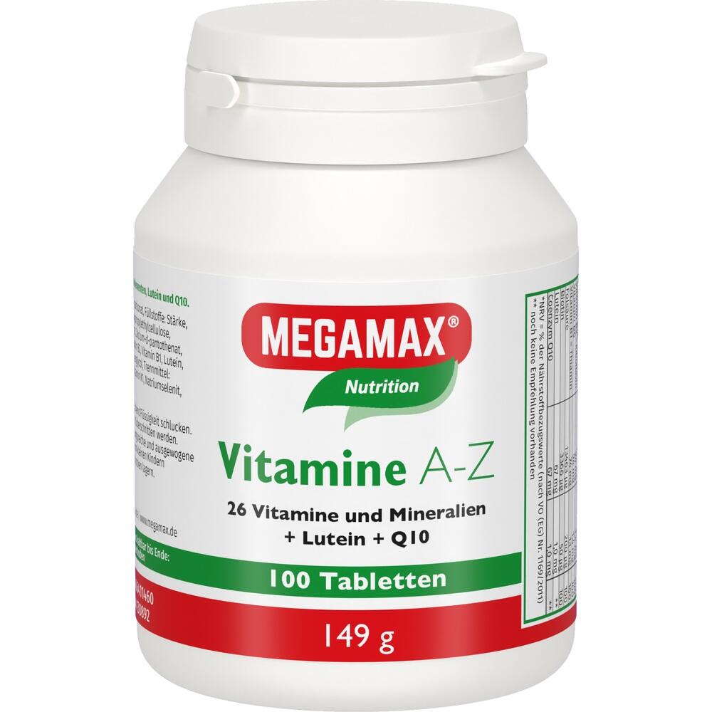 Weiße Dose mit 100 Vitamintabletten von Megamax, Gewicht 149 Gramm.