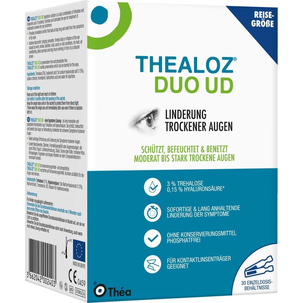 Verpackung von Augentropfen zur Linderung trockener Augen, geeignet f&uuml;r Kontaktlinsentr&auml;ger.