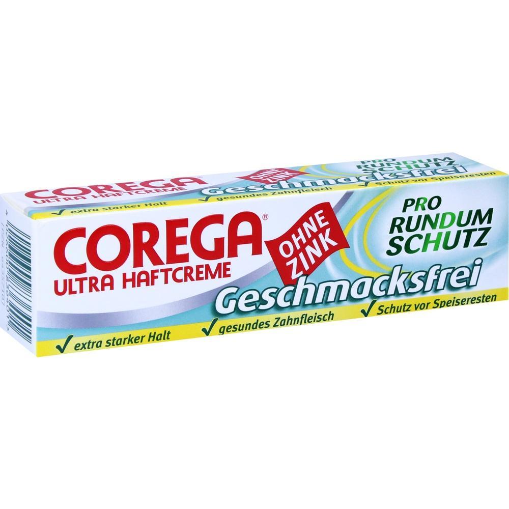 Eine Packung Corega Ultra Haftcreme ohne Zink, geschmacksfrei, bietet starken Halt.