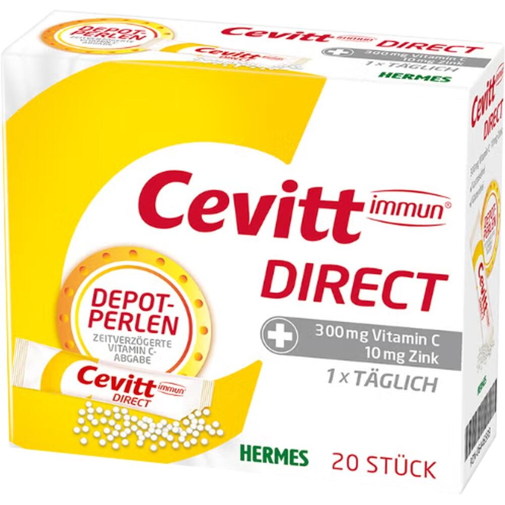 Packung mit Cevitt Direct Vitamin C- und Zink-K&uuml;gelchen zur t&auml;glichen Einnahme.