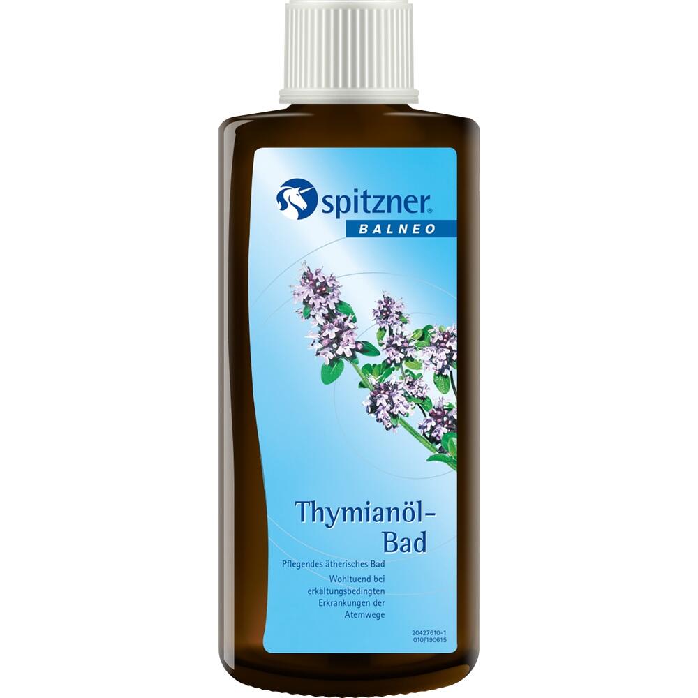 Braune Flasche mit Thymian&ouml;l-Bad-Aufschrift und Thymiankraut auf dem Etikett.