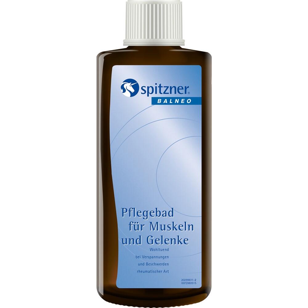 Braune Flasche mit blauem Etikett f&uuml;r Muskel- und Gelenkpflegebad.