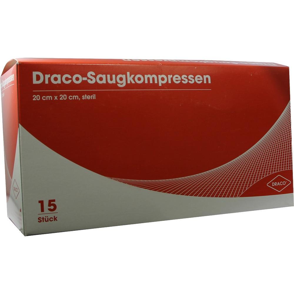 Eine rote Packung mit 15 sterilen Draco-Saugkompressen, 20 x 20 cm gro&szlig;.