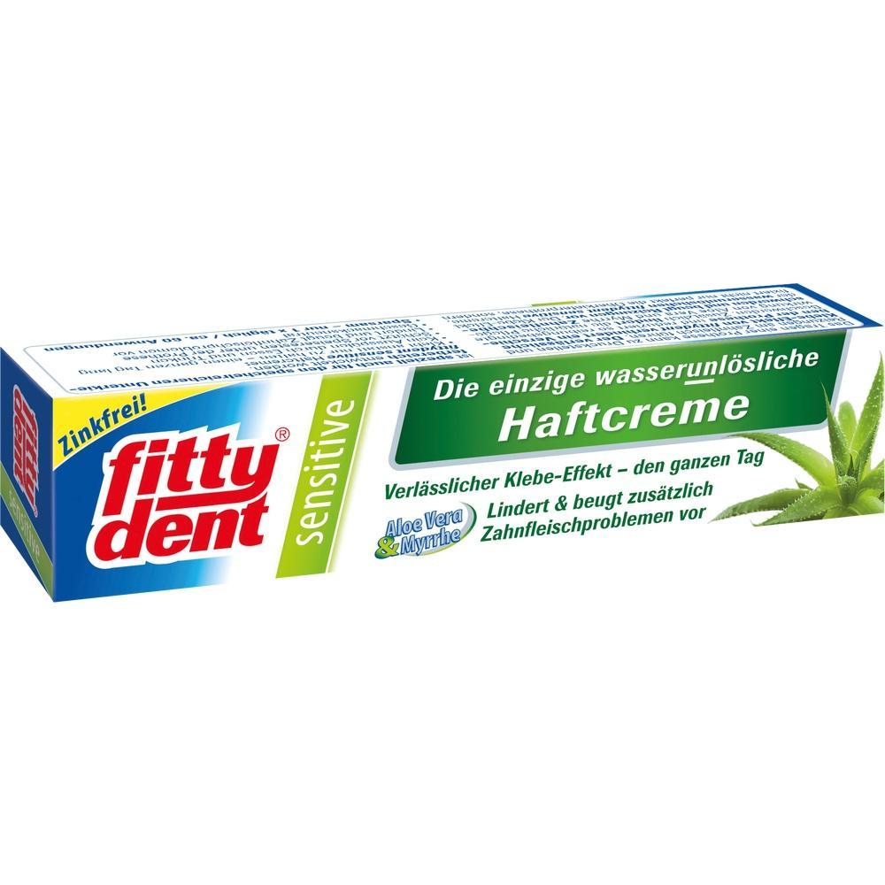 Eine Tube Klebecreme für Zahnersatz der Marke Fittydent mit Aloe Vera.