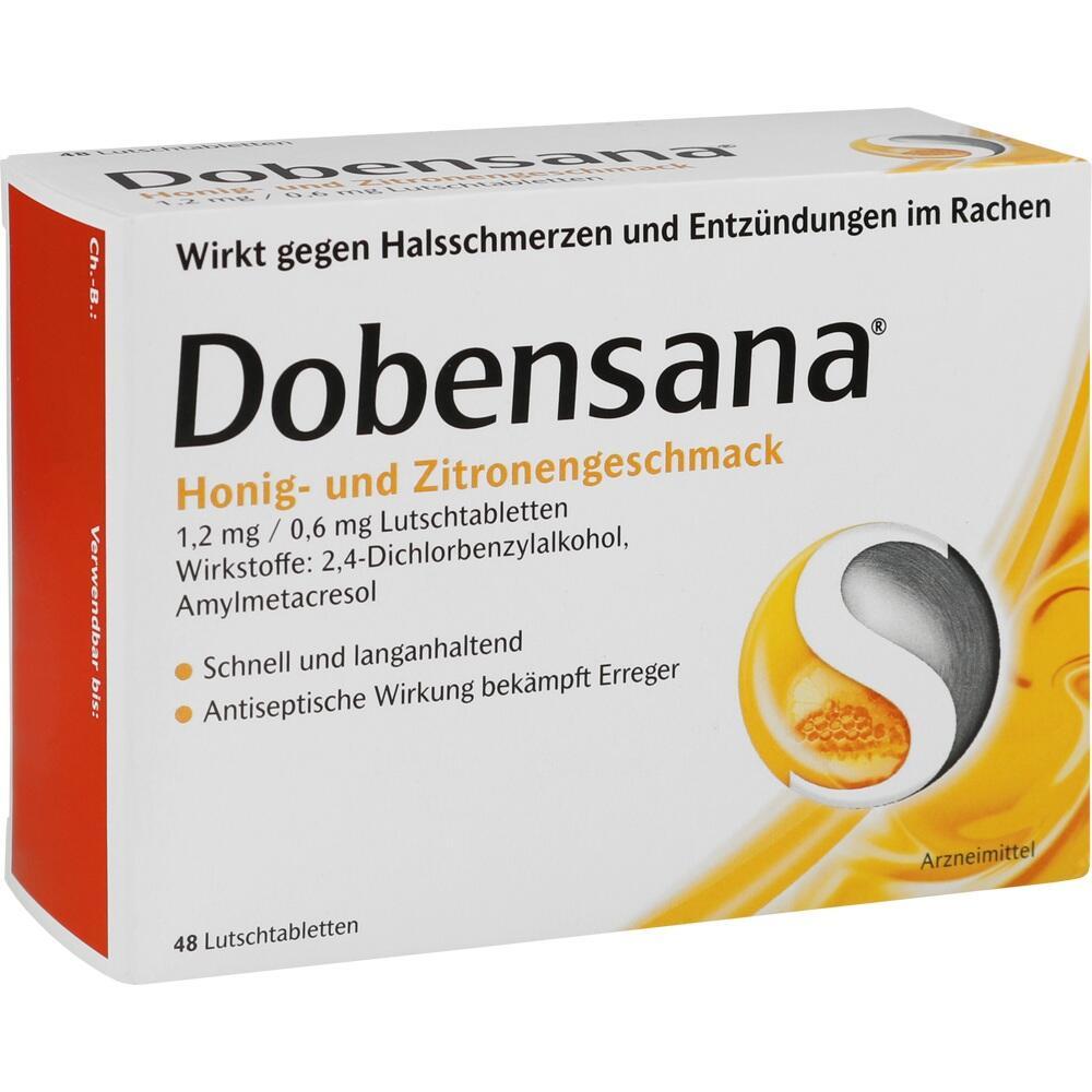 Eine Packung Dobensana Lutschtabletten mit Honig- und Zitronengeschmack gegen Halsschmerzen.
