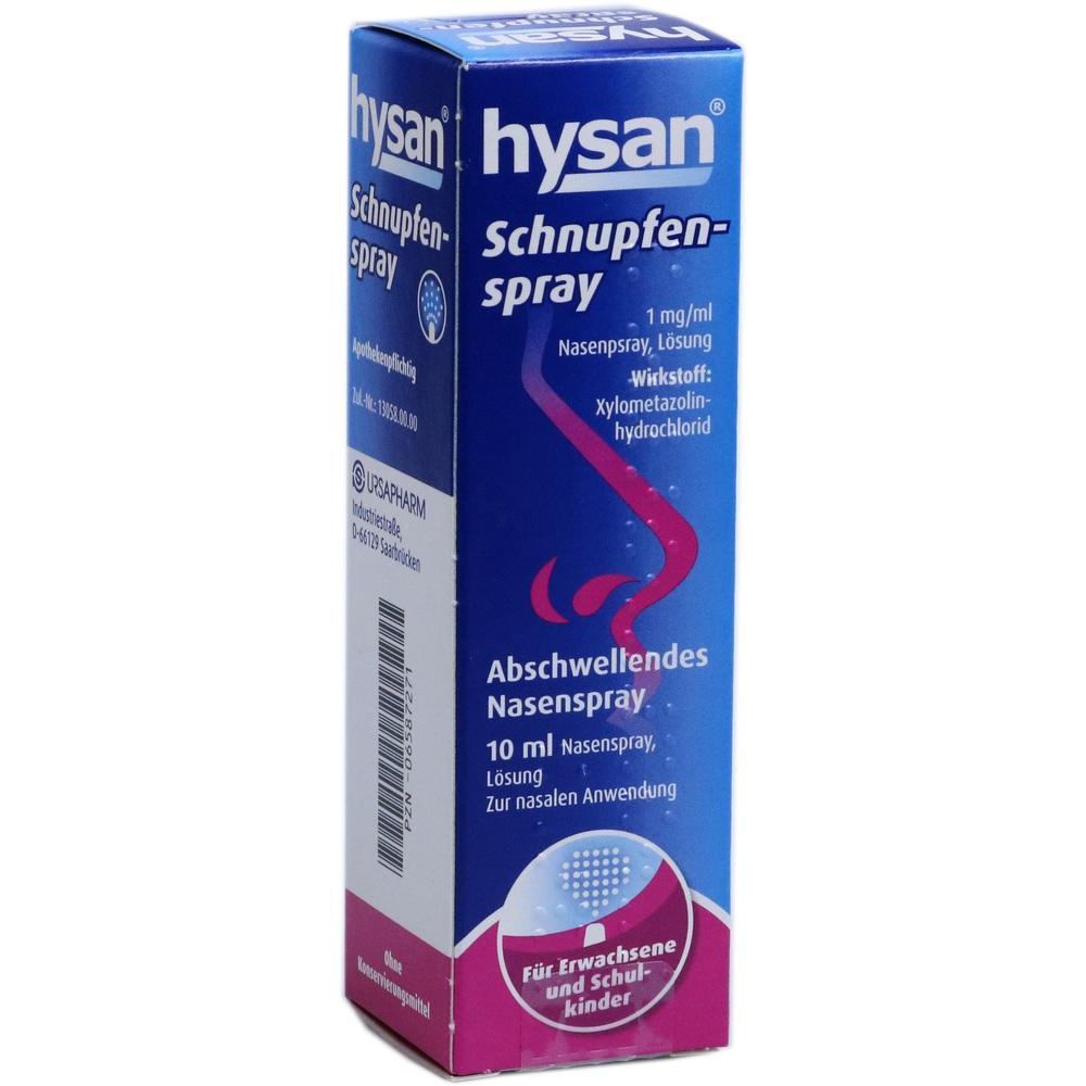 Blaue Verpackung eines abschwellenden Nasensprays von Hysan f&uuml;r Erk&auml;ltungen.