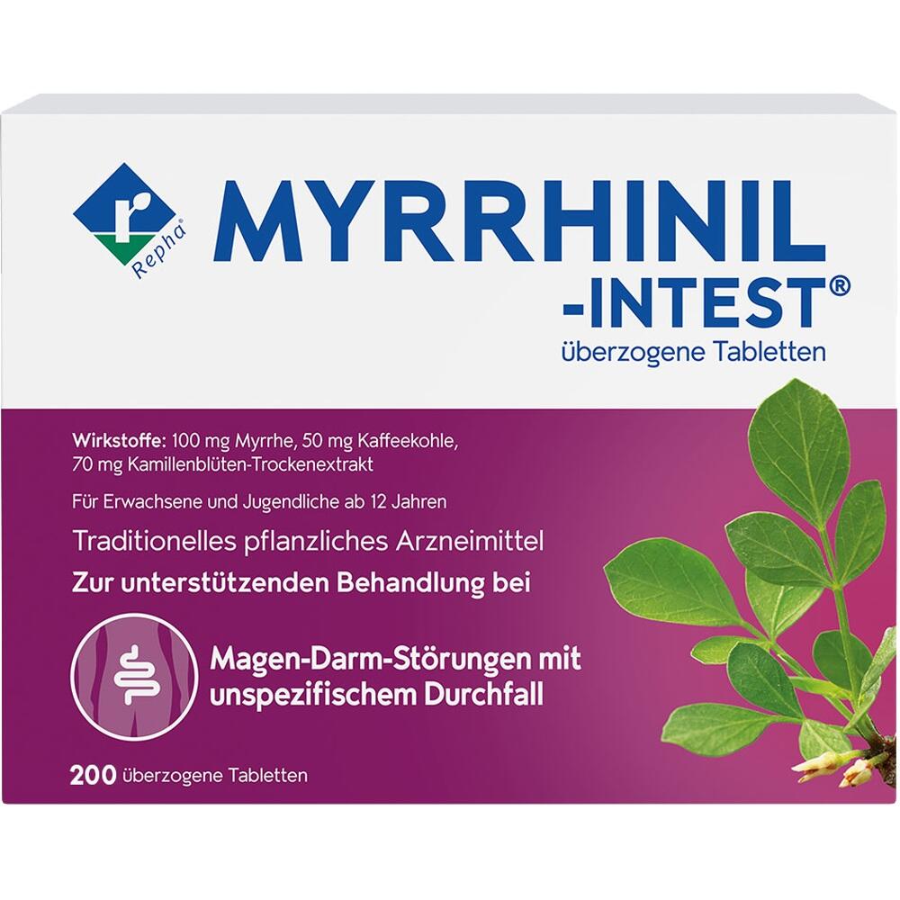 Verpackung von Tabletten gegen Magen-Darm-St&ouml;rungen mit Myrrhe, Kaffeekohle und Kamille.