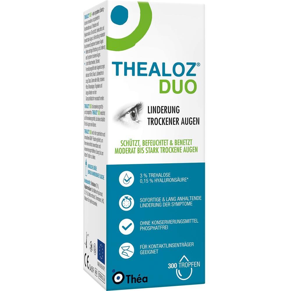 Verpackung von Thealoz Duo Augentropfen zur Linderung trockener Augen.