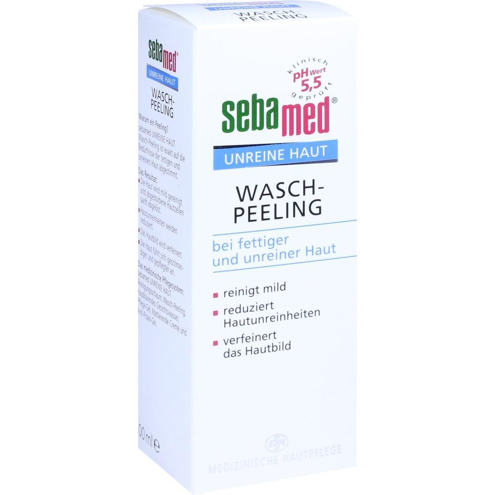 Wei&szlig;e Verpackung eines Waschpeelings f&uuml;r fettige und unreine Haut von Sebamed.