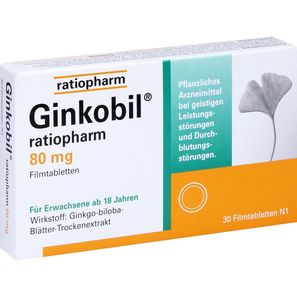 Verpackung von Ginkobil Tabletten, ein pflanzliches Heilmittel mit Ginkgo-Extrakt.