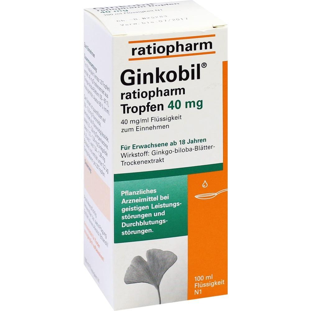 Packung von Ginkobil Tropfen, ein pflanzliches Arzneimittel f&uuml;r Erwachsene.