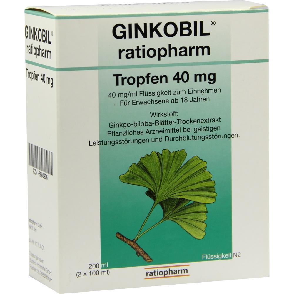 Verpackung einer Ginkobil-Fl&uuml;ssigkeit mit 40 mg Ginkgo-biloba-Extrakt zur Unterst&uuml;tzung der Durchblutung.