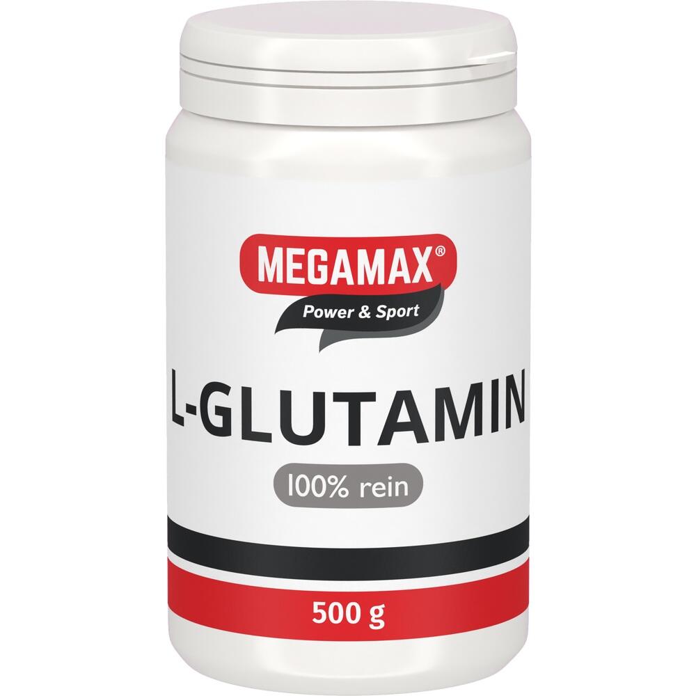 Ein wei&szlig;er Beh&auml;lter mit der Aufschrift "L-Glutamin, 100% rein, 500 g".
