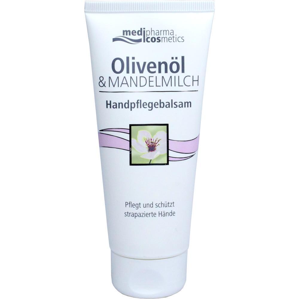 Weiße Tube mit Aufschrift "Olivenöl & Mandelmilch Handpflegebalsam".