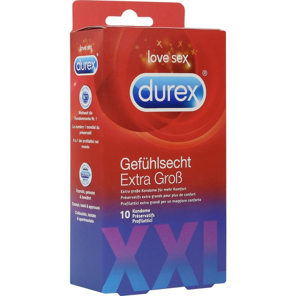 Rote Packung mit extra gro&szlig;en Kondomen der Marke Durex.