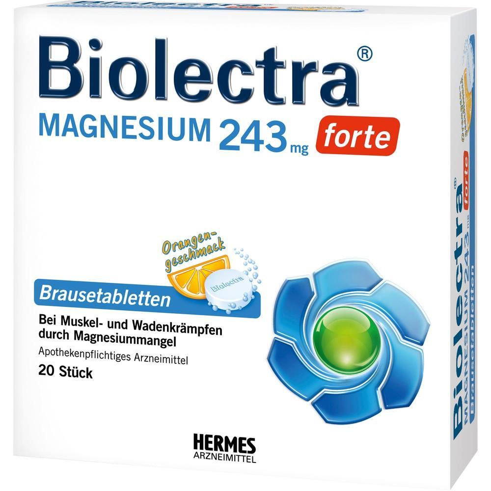 Wei&szlig;e Verpackung von Biolectra Magnesium Brausetabletten in Orangengeschmack.