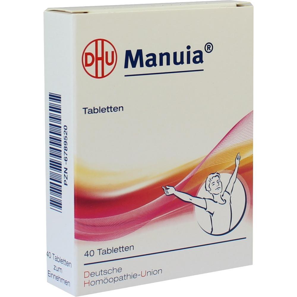Eine wei&szlig;e Tablettenpackung mit dem Namen "Manuia" und einem gezeichneten, freudigen Menschen.