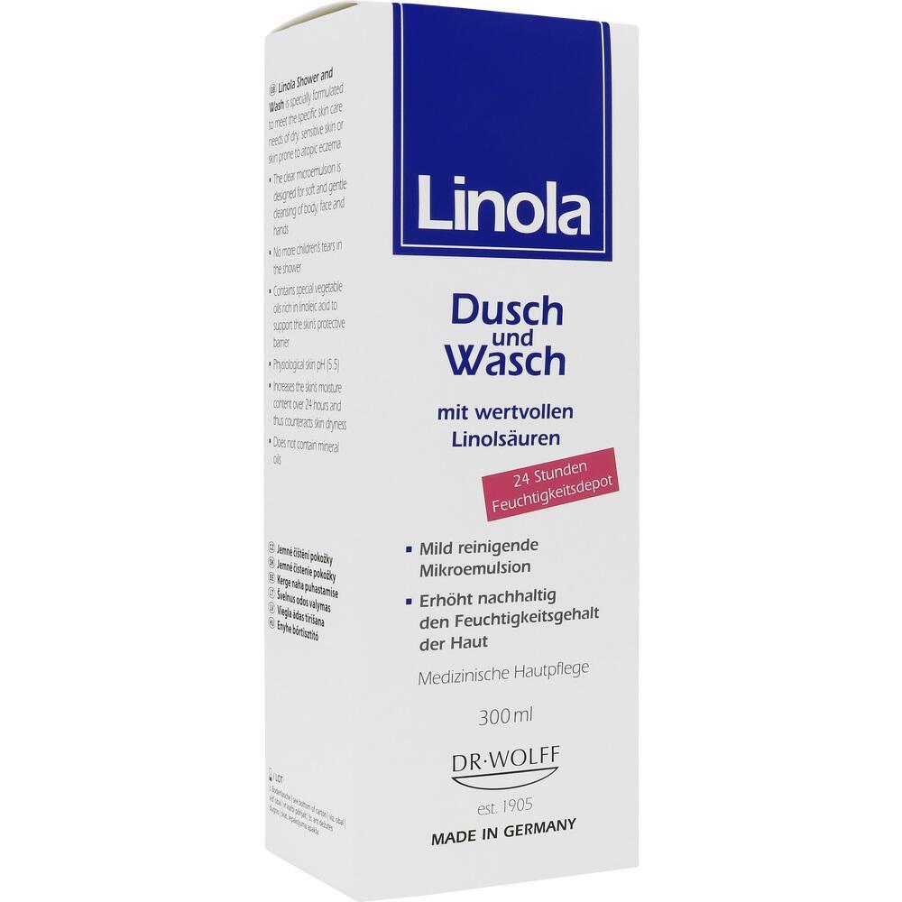 Wei&szlig;e Verpackung von "Linola Dusch und Wasch" mit blauer und magenta Schrift.