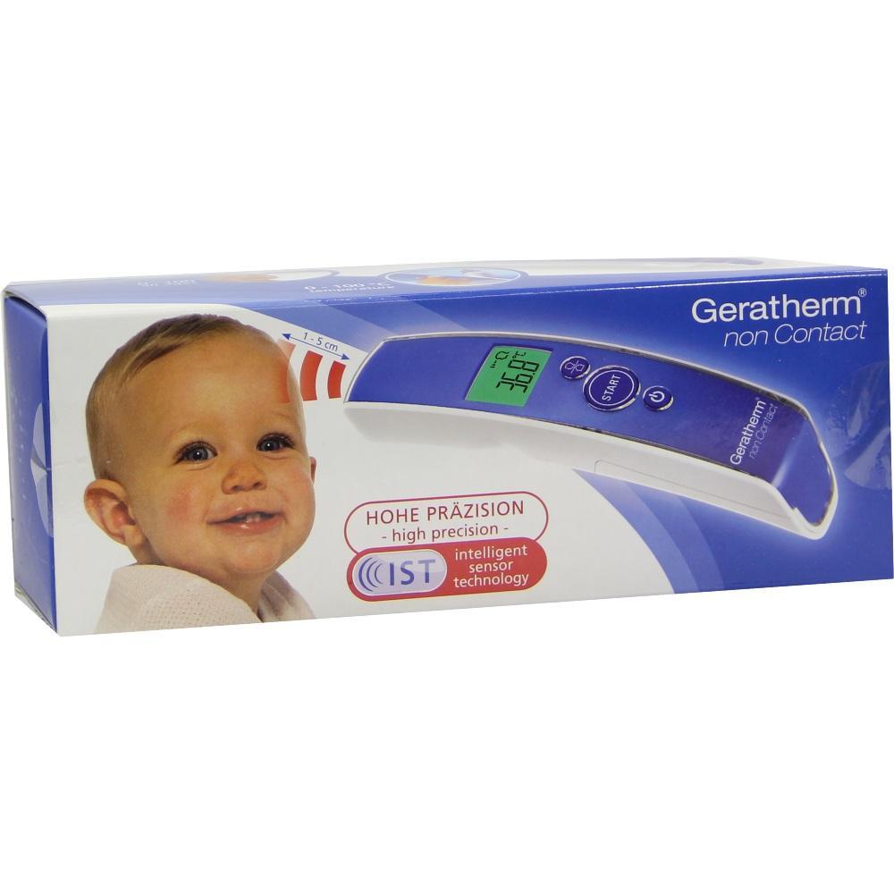 Eine Verpackung mit einem Babybild zeigt ein berührungsloses Thermometer.