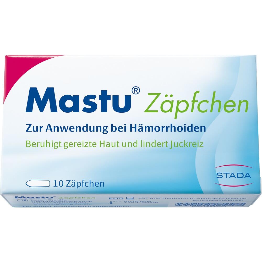 Eine Packung Mastu Z&auml;pfchen zur Linderung von H&auml;morrhoidenbeschwerden.