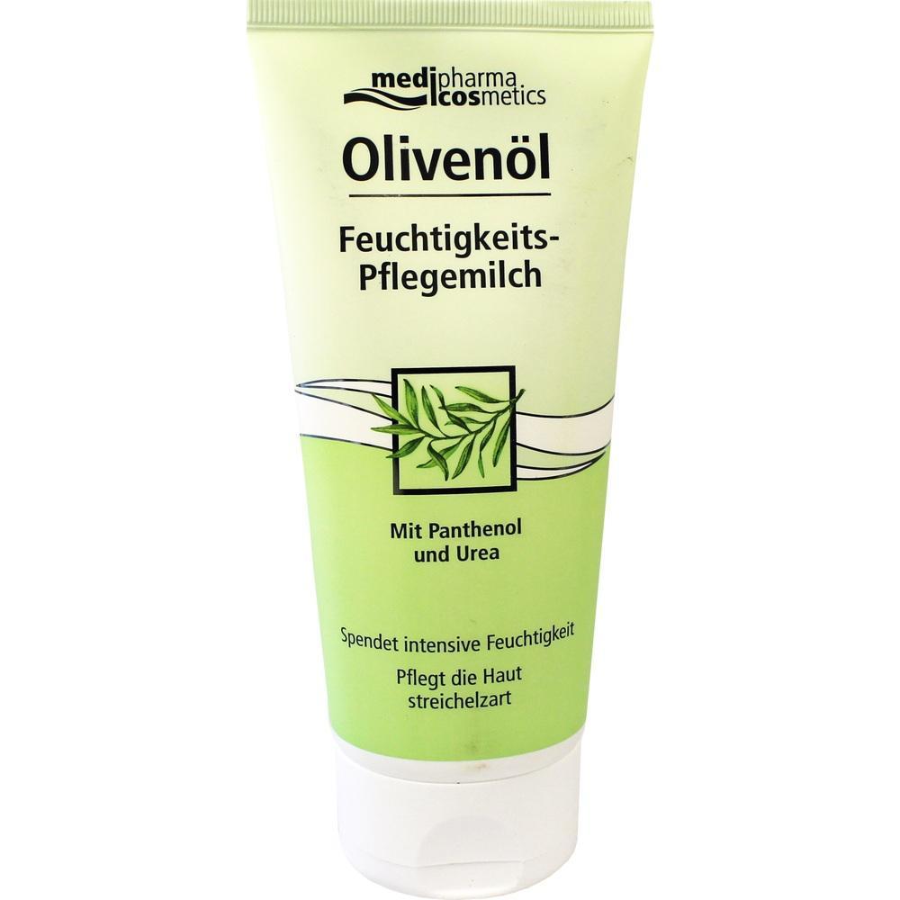 Eine grüne Flasche Olivenöl Feuchtigkeitsmilch von medipharma cosmetics.