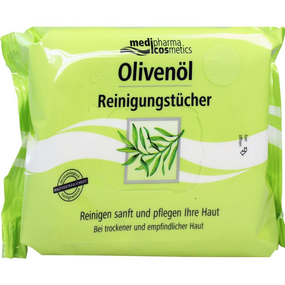 Grüne Packung mit Olivenöl Reinigungstüchern für empfindliche Haut.