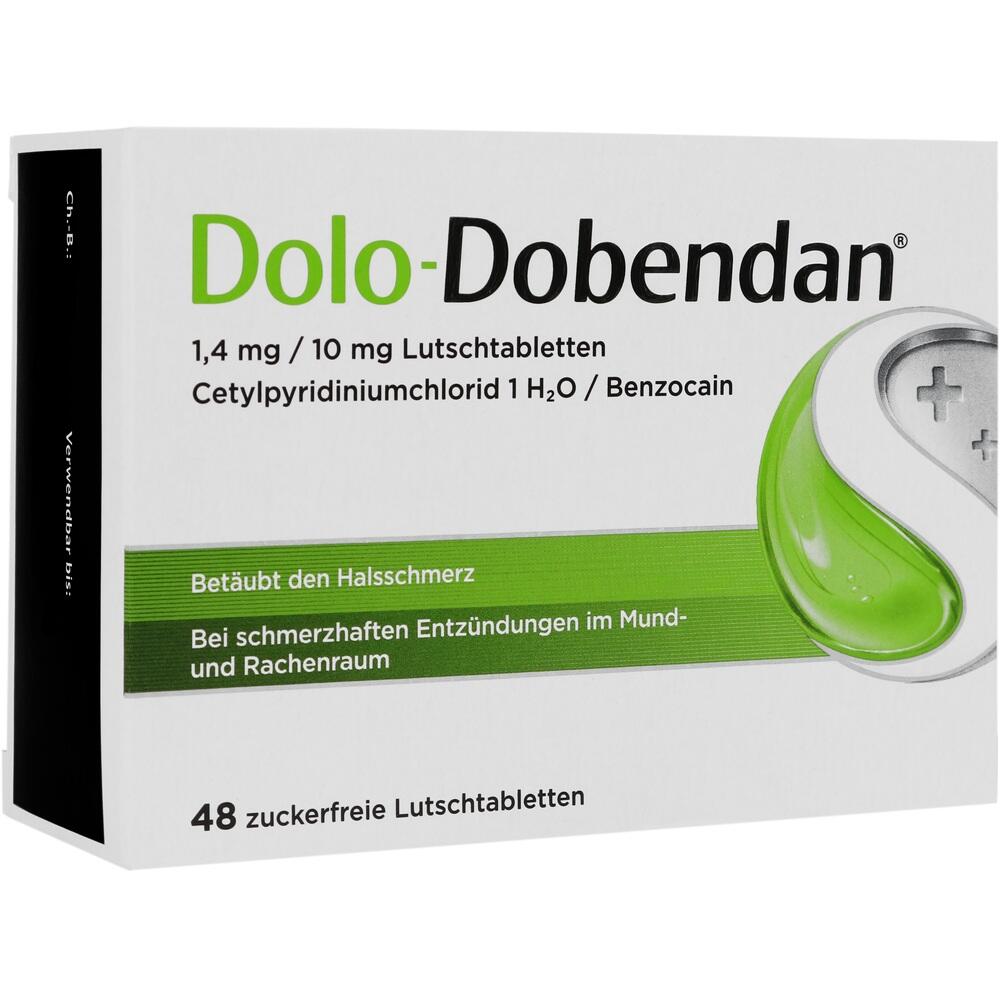 Verpackung von Dolo-Dobendan Lutschtabletten zur Linderung von Halsschmerzen.