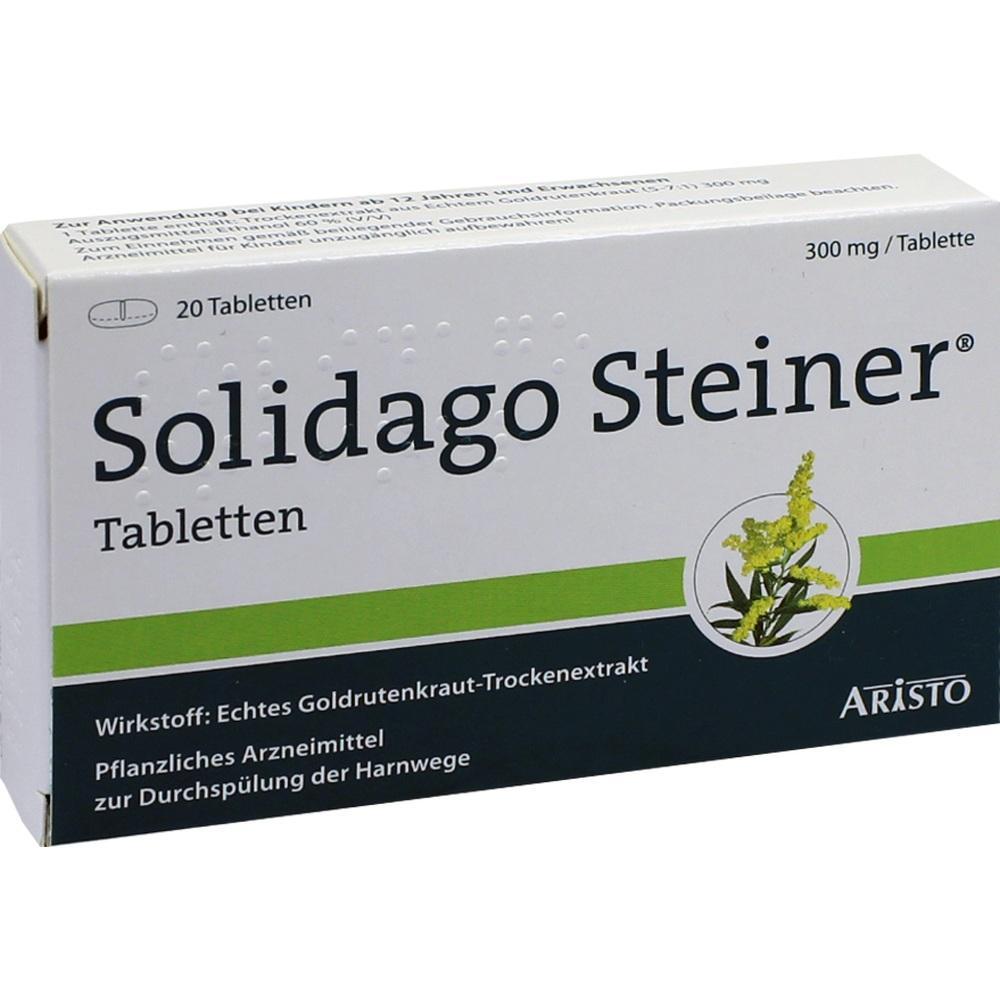 Eine Packung Solidago Steiner Tabletten mit einem Bild von Goldrutenkraut.