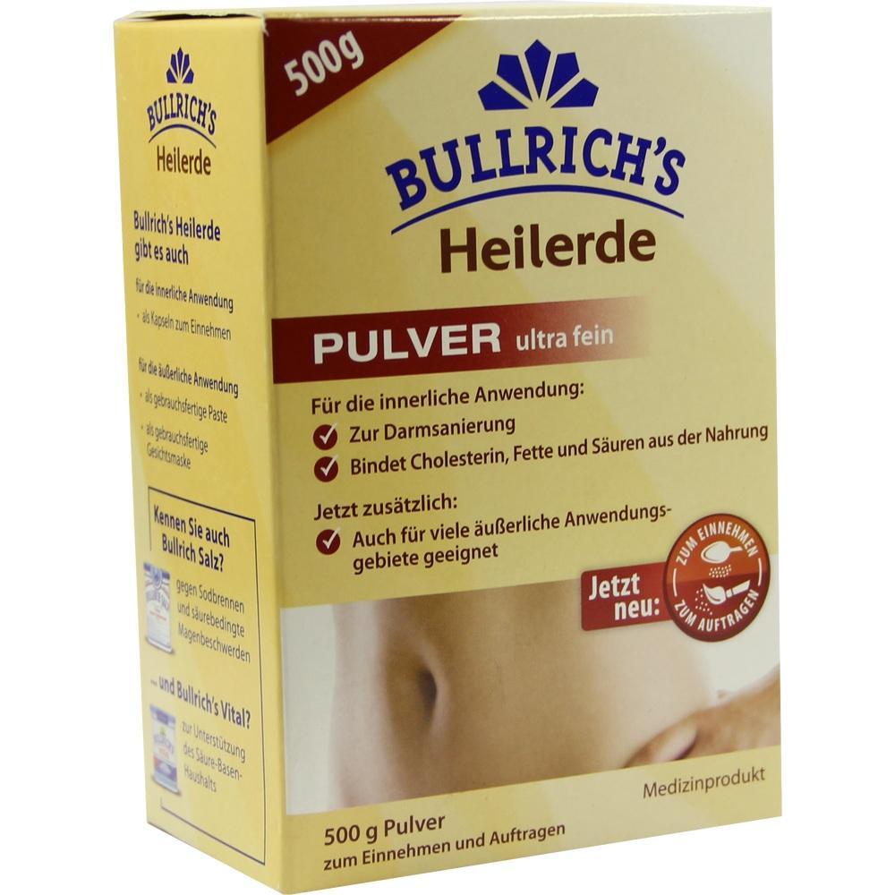 Verpackung von Bullrich's Heilerde Pulver f&uuml;r innere und &auml;u&szlig;ere Anwendung, 500g.
