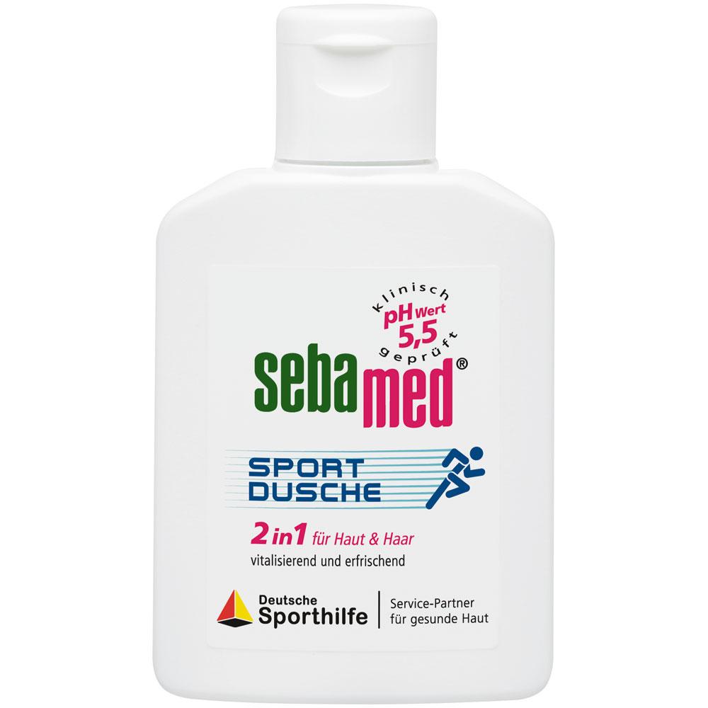 Wei&szlig;e Flasche mit Etikett von Sebamed Sportdusche 2-in-1 f&uuml;r Haut und Haar.