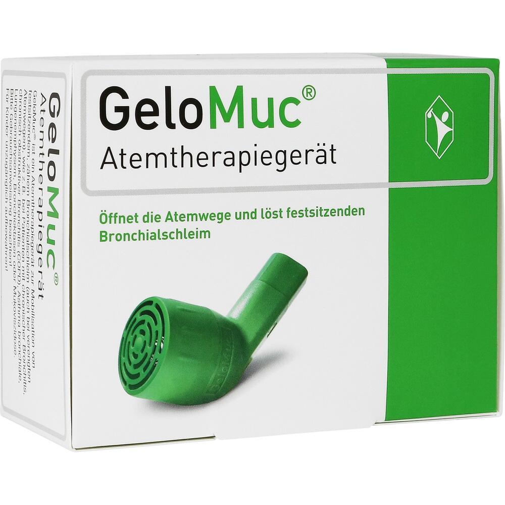 Verpackung eines gr&uuml;nen Atemtherapieger&auml;ts namens GeloMuc zur Schleiml&ouml;sung.