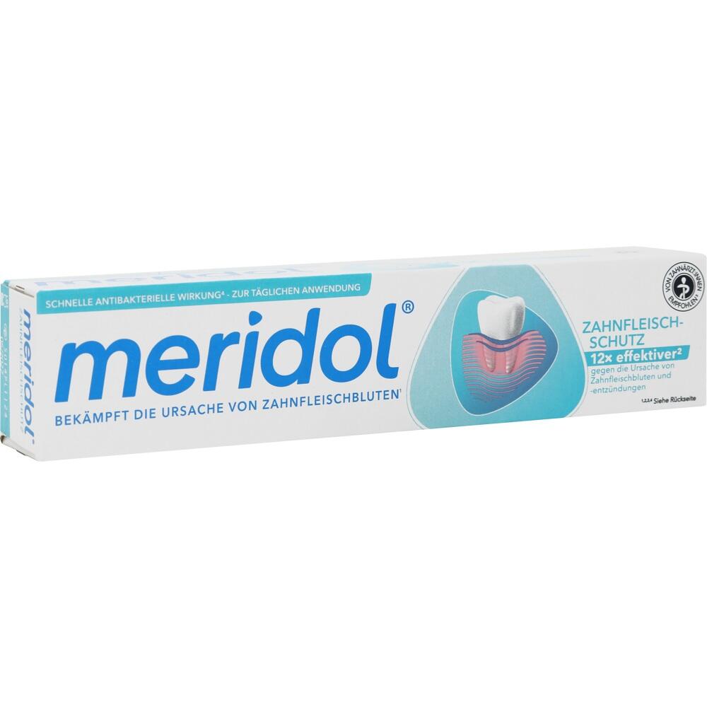 Eine Zahnpasta-Packung von Meridol gegen Zahnfleischbluten.