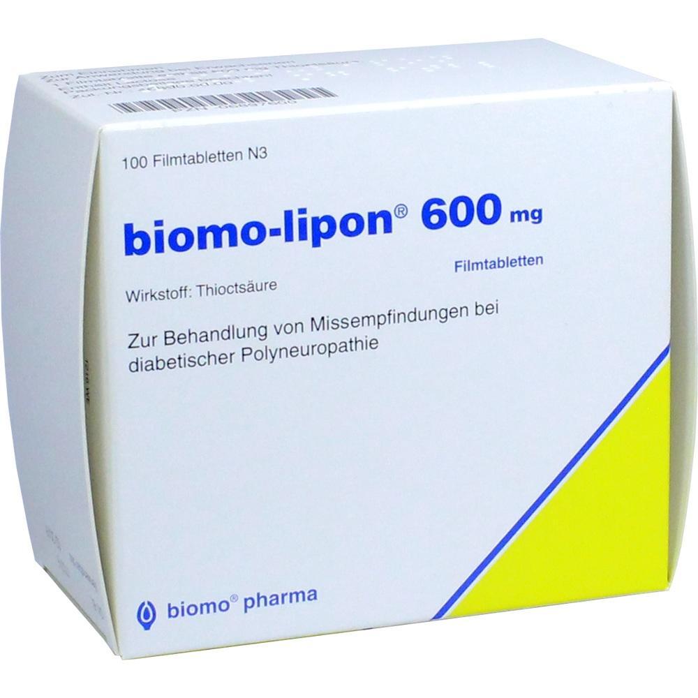 Eine Packung biomo-lipon 600 mg Tabletten f&uuml;r Nervenbeschwerden.