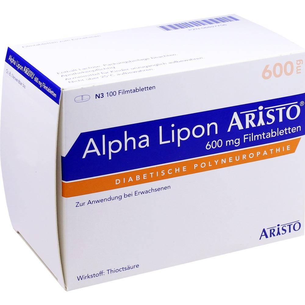 Wei&szlig;e Medikamentenverpackung mit der Aufschrift "Alpha Lipon Aristo 600 mg".