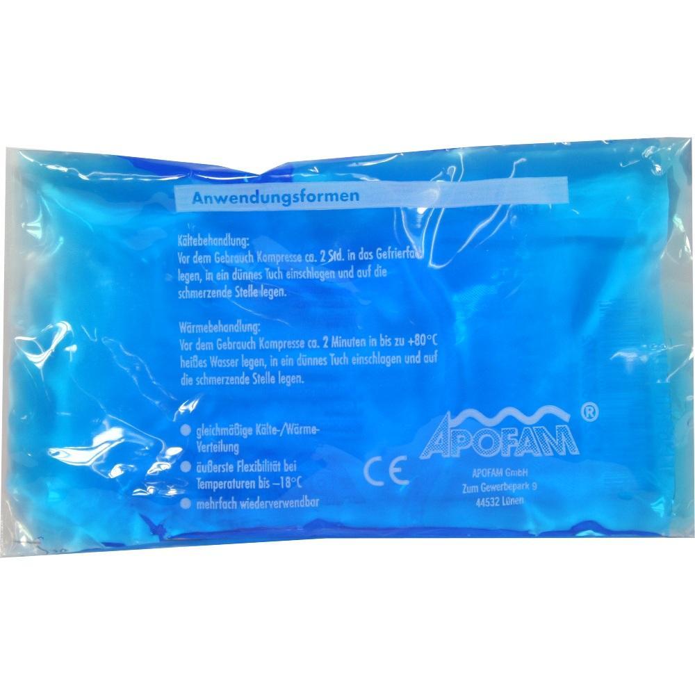 Ein blaues Kühl- und Wärmekissen mit Anwendungshinweisen auf der Verpackung.