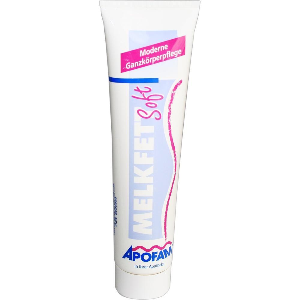 Weiße Tube Melkfett Soft mit lila und pinker Aufschrift.