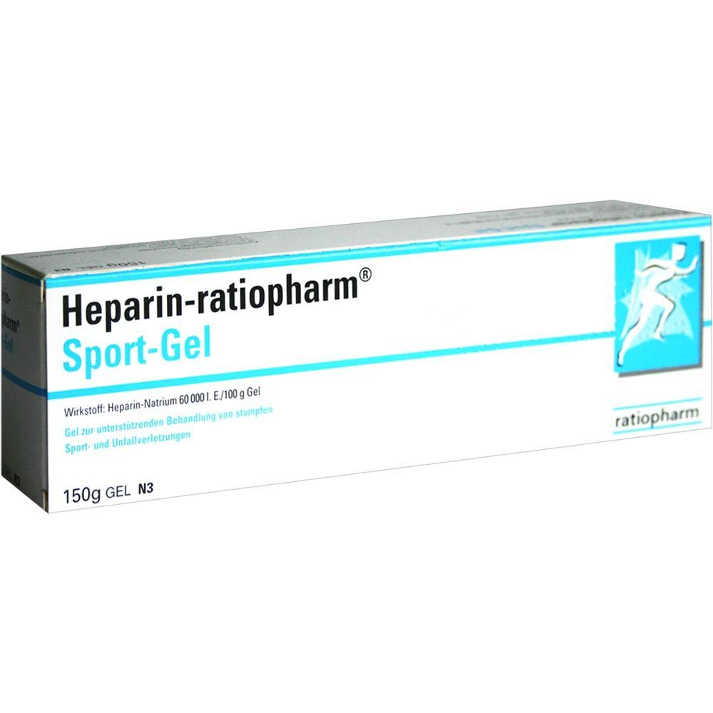 Eine wei&szlig;e Schachtel mit Heparin-ratiopharm Sport-Gel zur Behandlung von Sportverletzungen.