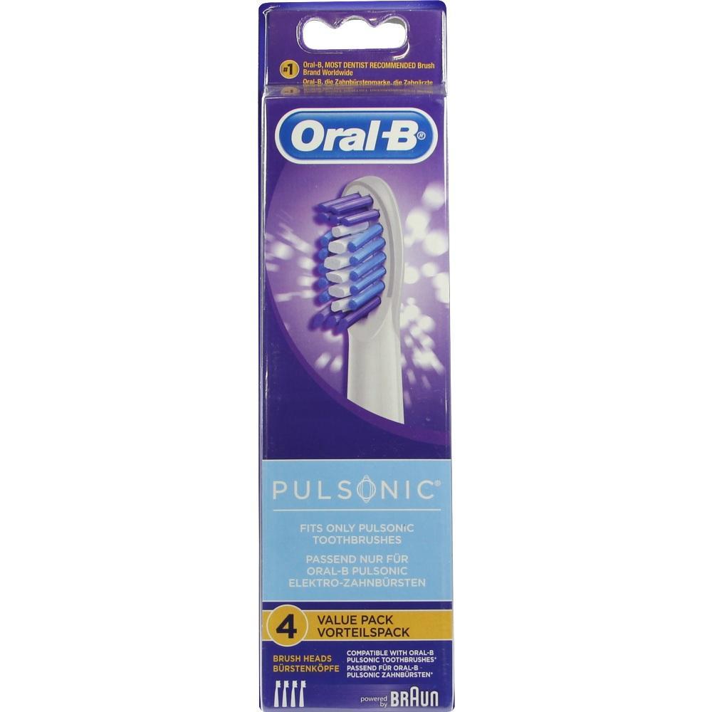 Eine Packung mit vier Ersatzb&uuml;rstenk&ouml;pfen f&uuml;r Oral-B Pulsonic Zahnb&uuml;rsten.