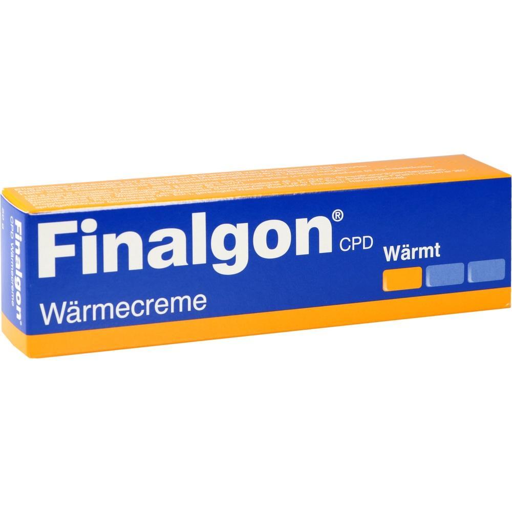 Eine blaue und orange Schachtel mit der Aufschrift "Finalgon W&auml;rmecreme".
