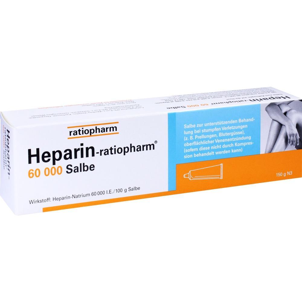 Eine Verpackung der Heparin-ratiopharm 60.000 Salbe zur Behandlung von Verletzungen.