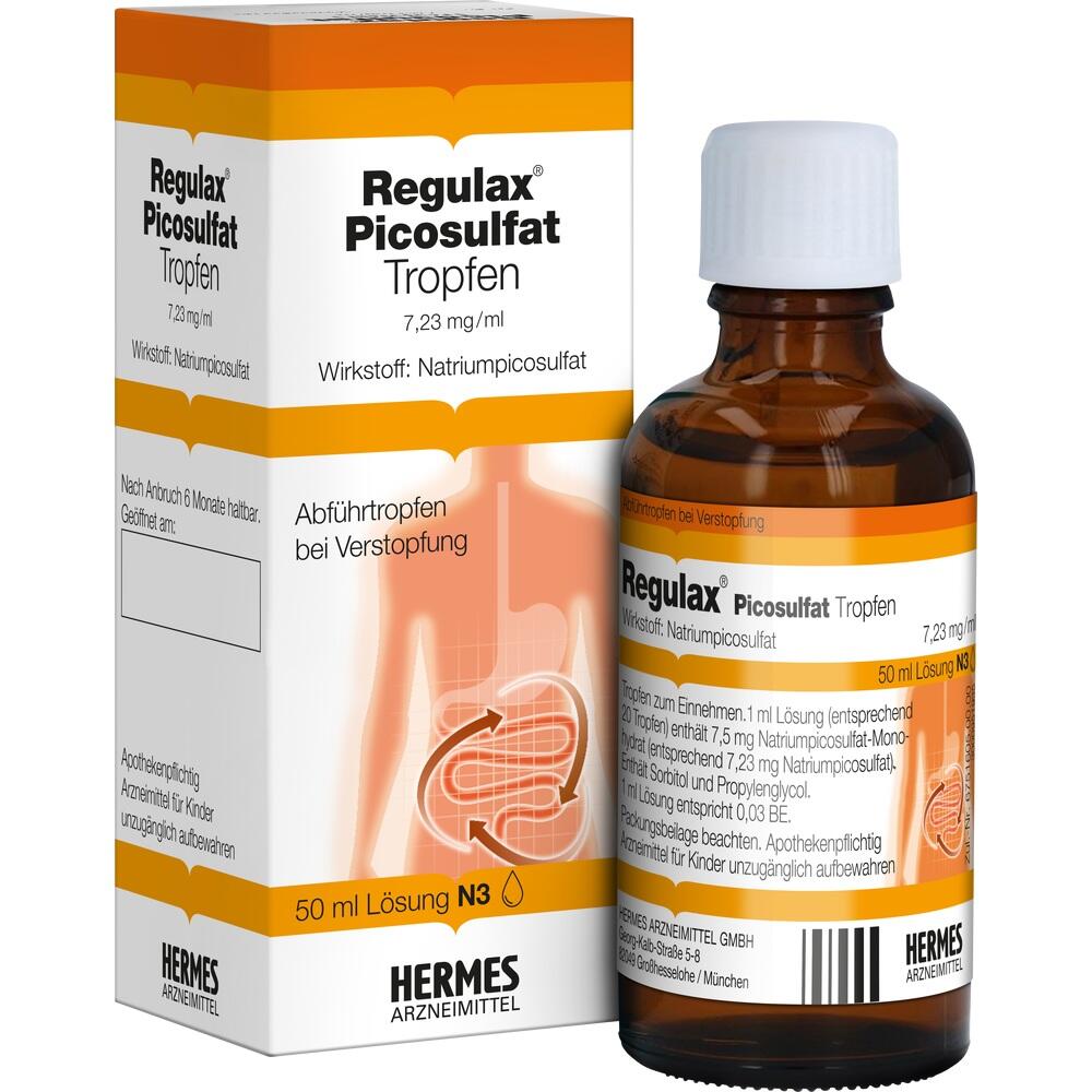 Braune Flasche mit einem Karton von Regulax Abf&uuml;hrtropfen gegen Verstopfung.